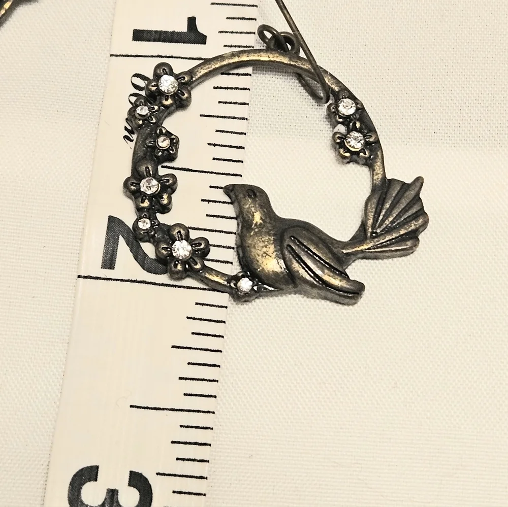 Antiqued Pewter-Tone Bird on Swing Pierced Dangle Earrings with Crystal Flowers